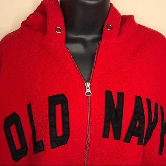 LARGE Y2K ERA OLD NAVY WOMENS RED FLEECE JACKET PULLOVER BLACK LOGO - Picture 4 of 10